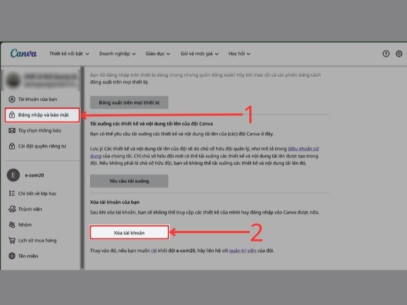 cách xoá tài khoản Canva