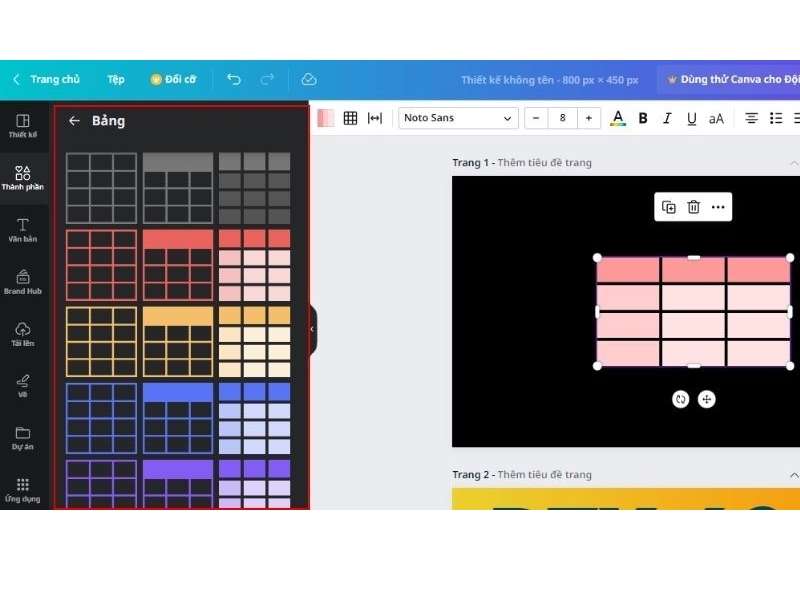Cách tạo bảng trong Canva
